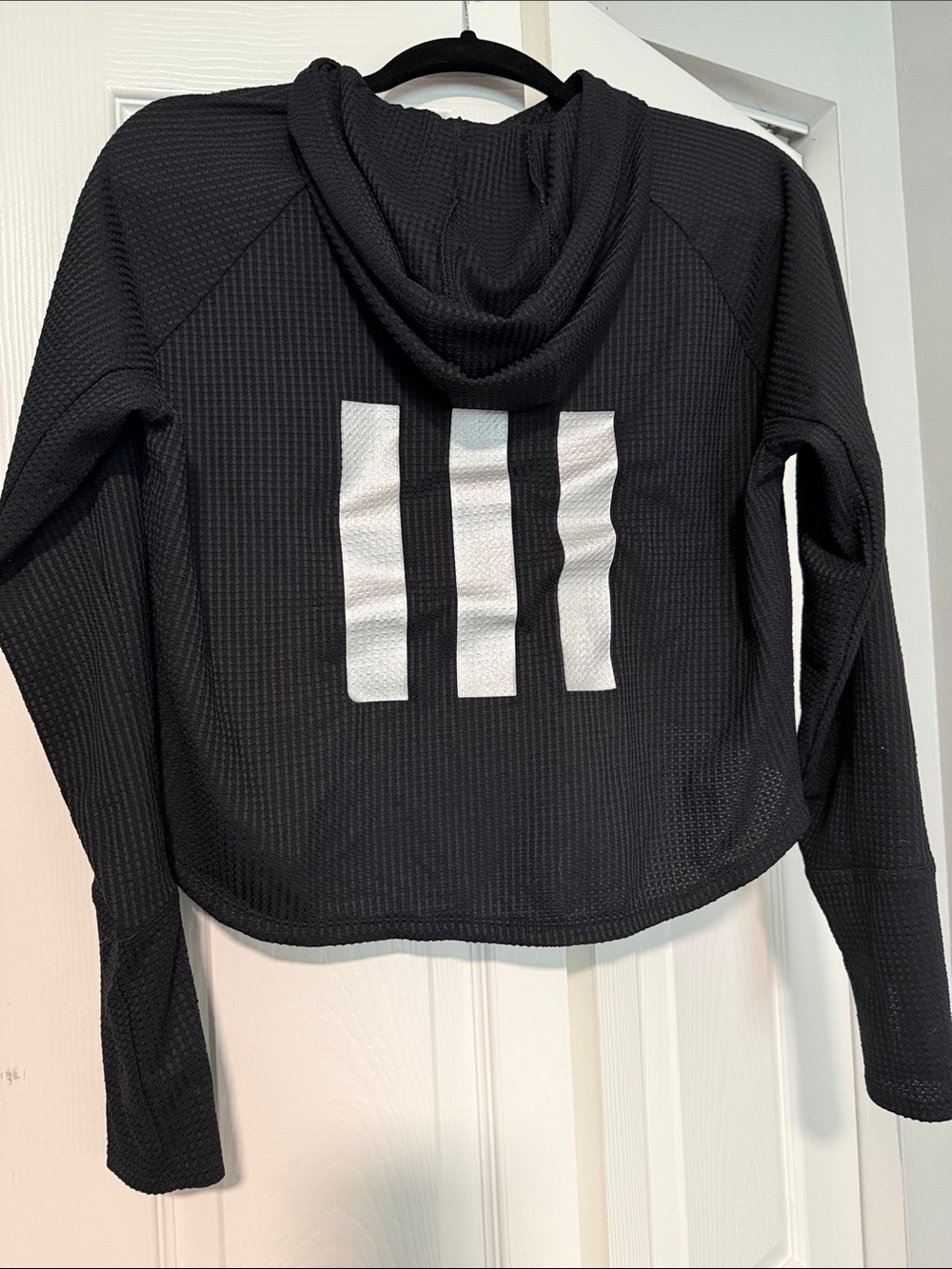 adidas Black Hooded Waffle-Knit Top with White Three-Stripes Back